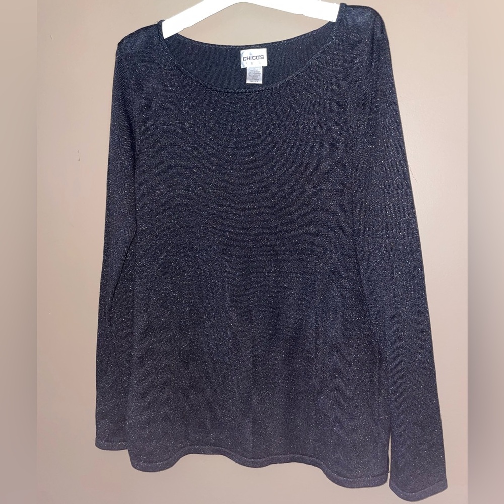 Chico’s Black Glitter Knit Scoop Neck Long Sleeve Blouse Women’s Size L 12 Silk